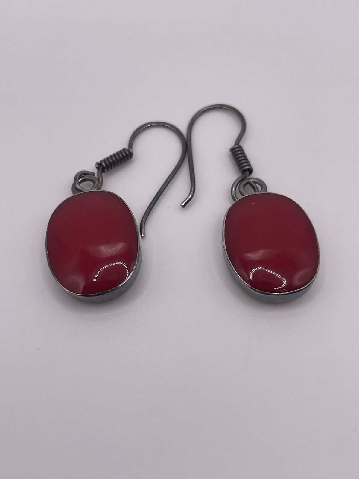 Vintage MEX 925 Sterling Silver Red Cabochon Dangle Earrings Mexico