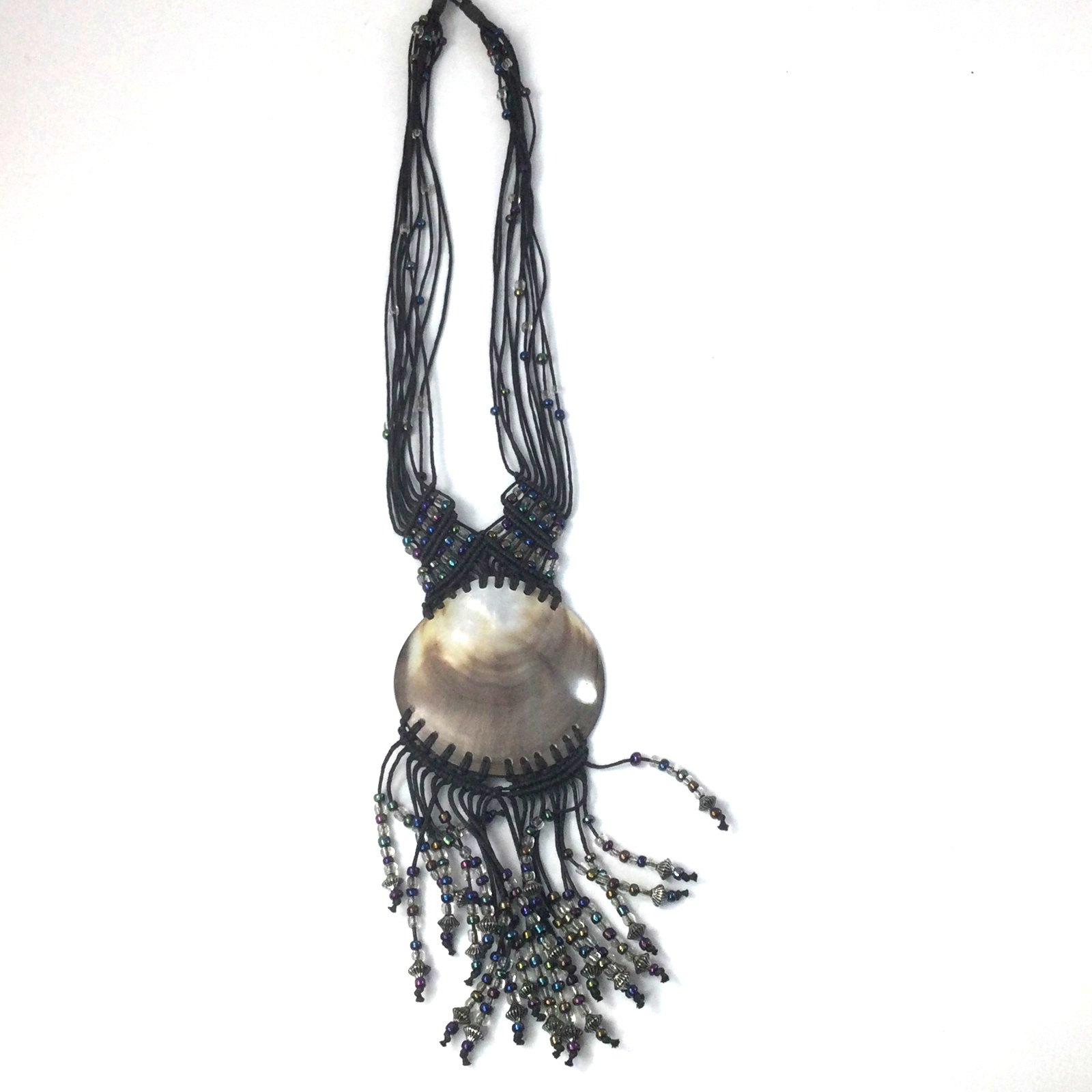 Vintage Woven Wax Tread and Shell Pendant Necklace Black Blue Silver Beaded 18″