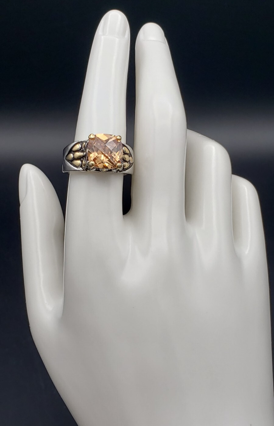 Vintage 18K White Gold Plated Cushion Cut Champagne CZ Floral Ring Size 7.75