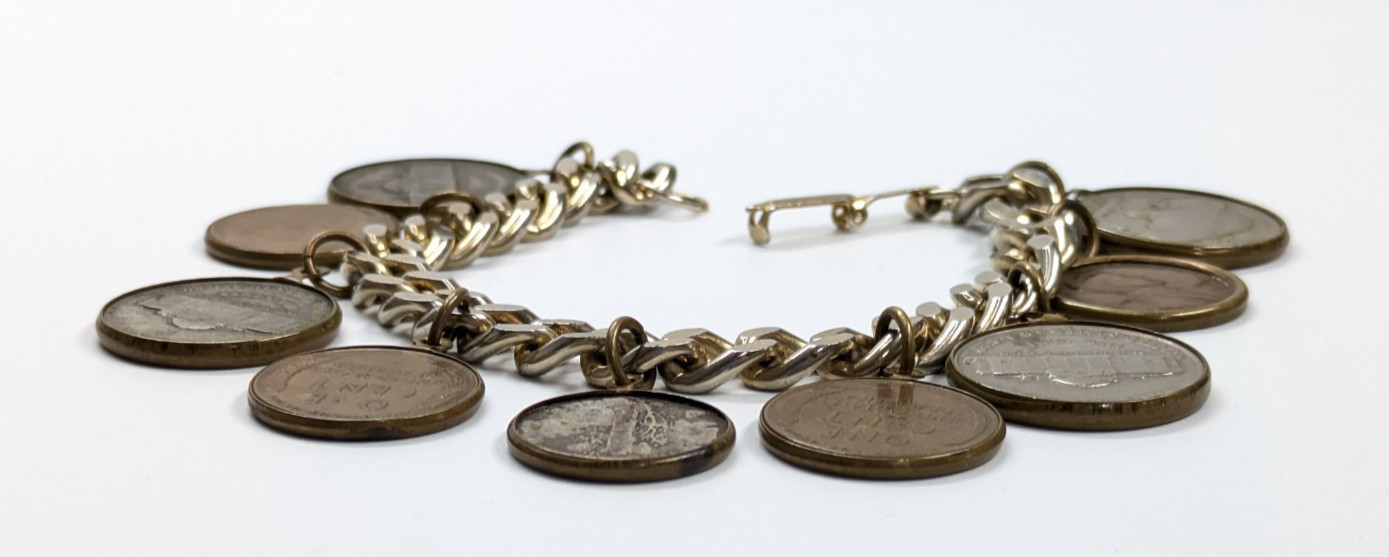 Real Coin Charm Bracelet 25 30s 40s 50s Nickel Wheat Penny Buffalo Mercury Dime