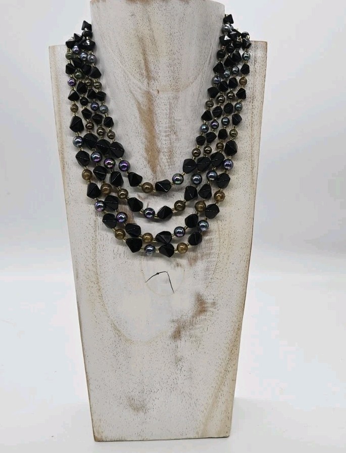 Peacock Colors Beaded Layered Necklace signed Japan Four Row Iridescent Vintage