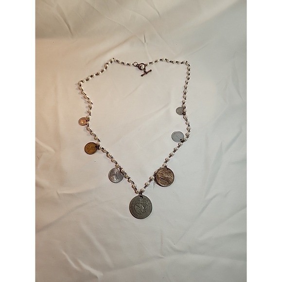 Vintage International Coin and Faux Pearl Charm Necklace Copper Toggle Clasp
