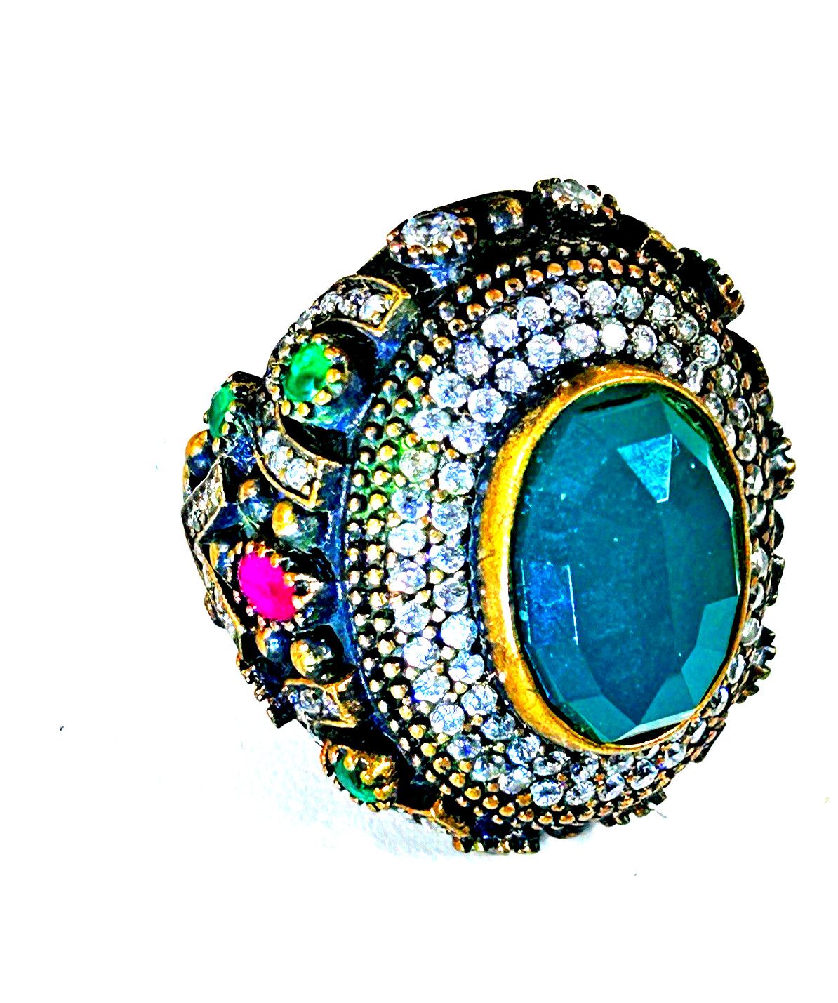 Vintage Stunning Large Royal Green Center & Small Accent Stones Ring Sz 8