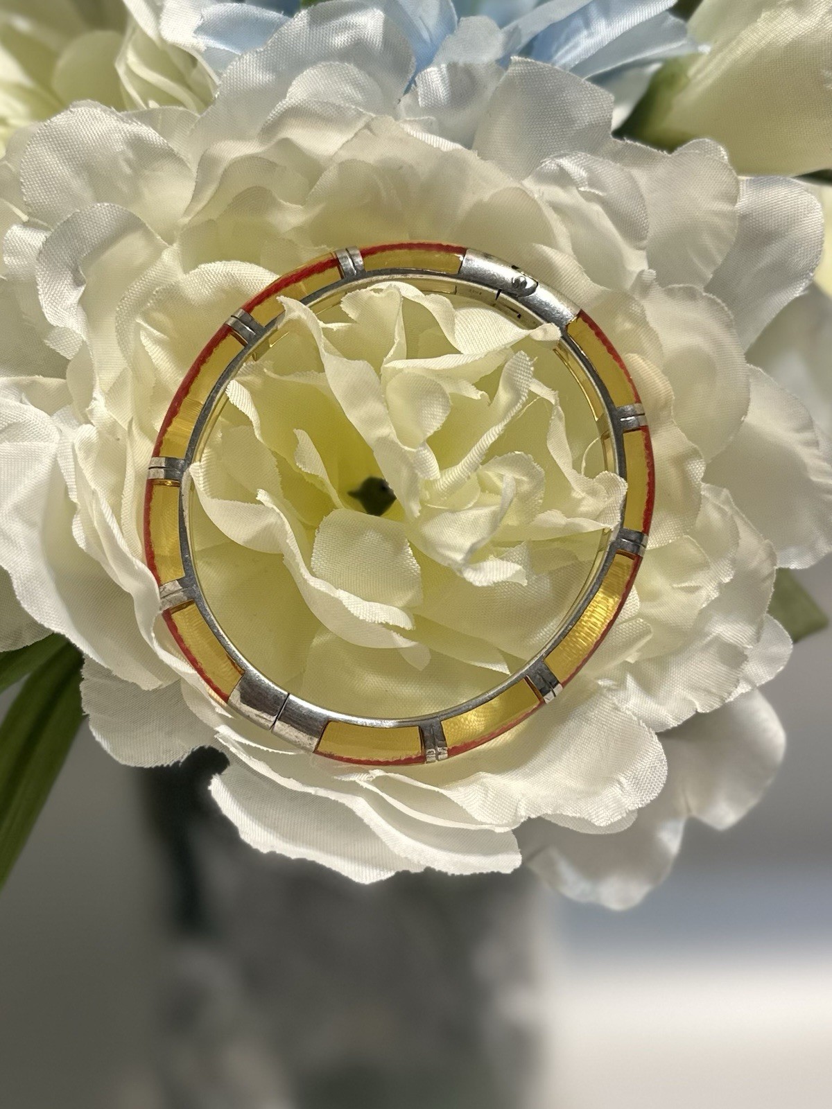 Vintage Sterling Yellow Lucite Bangle Bracelet With Red Line Hinge Opening