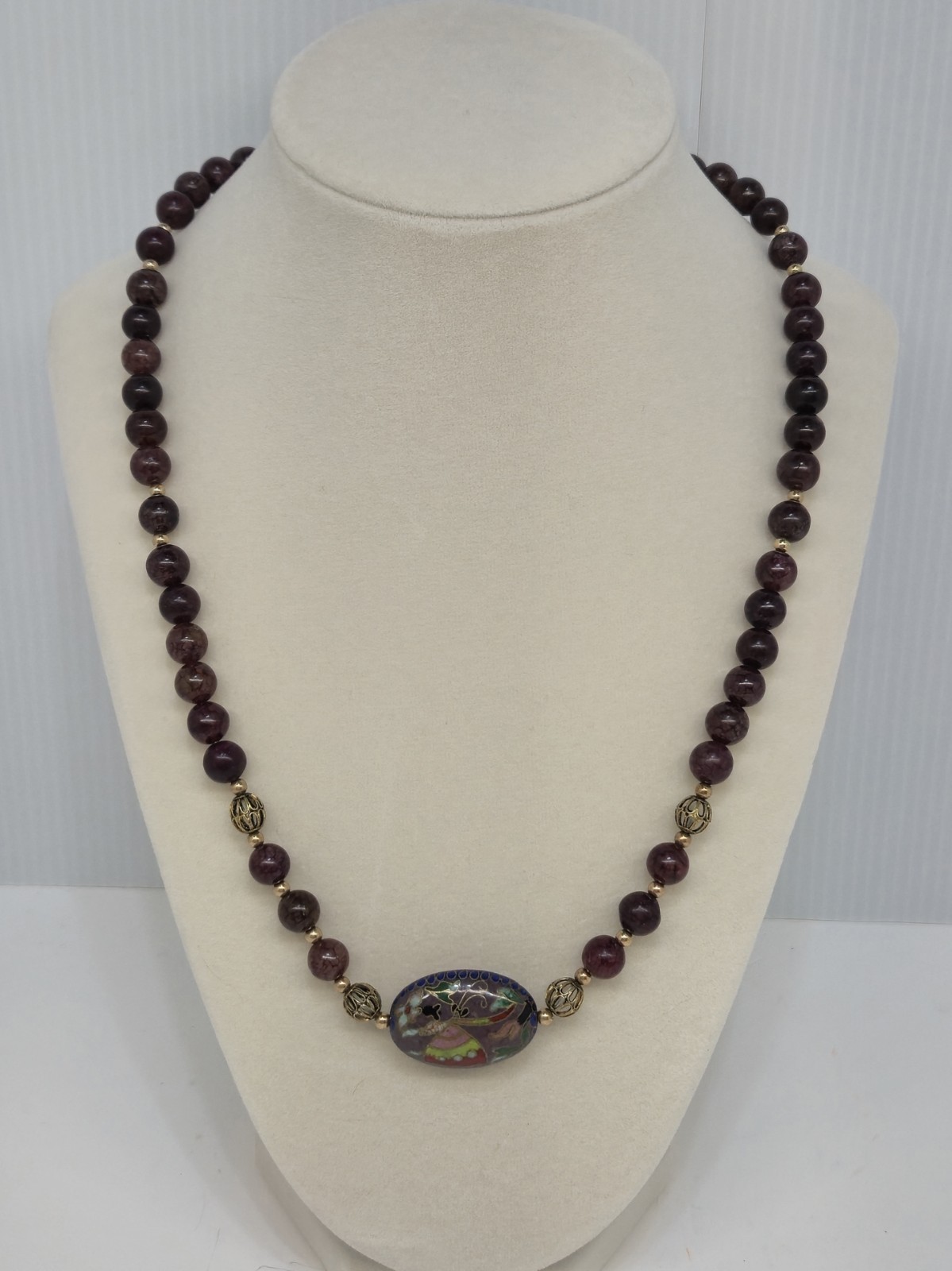 Dragon Vein Agate Bead W/ Cloisonne Enamel Pendant Necklace 18″ Sterling Clasp