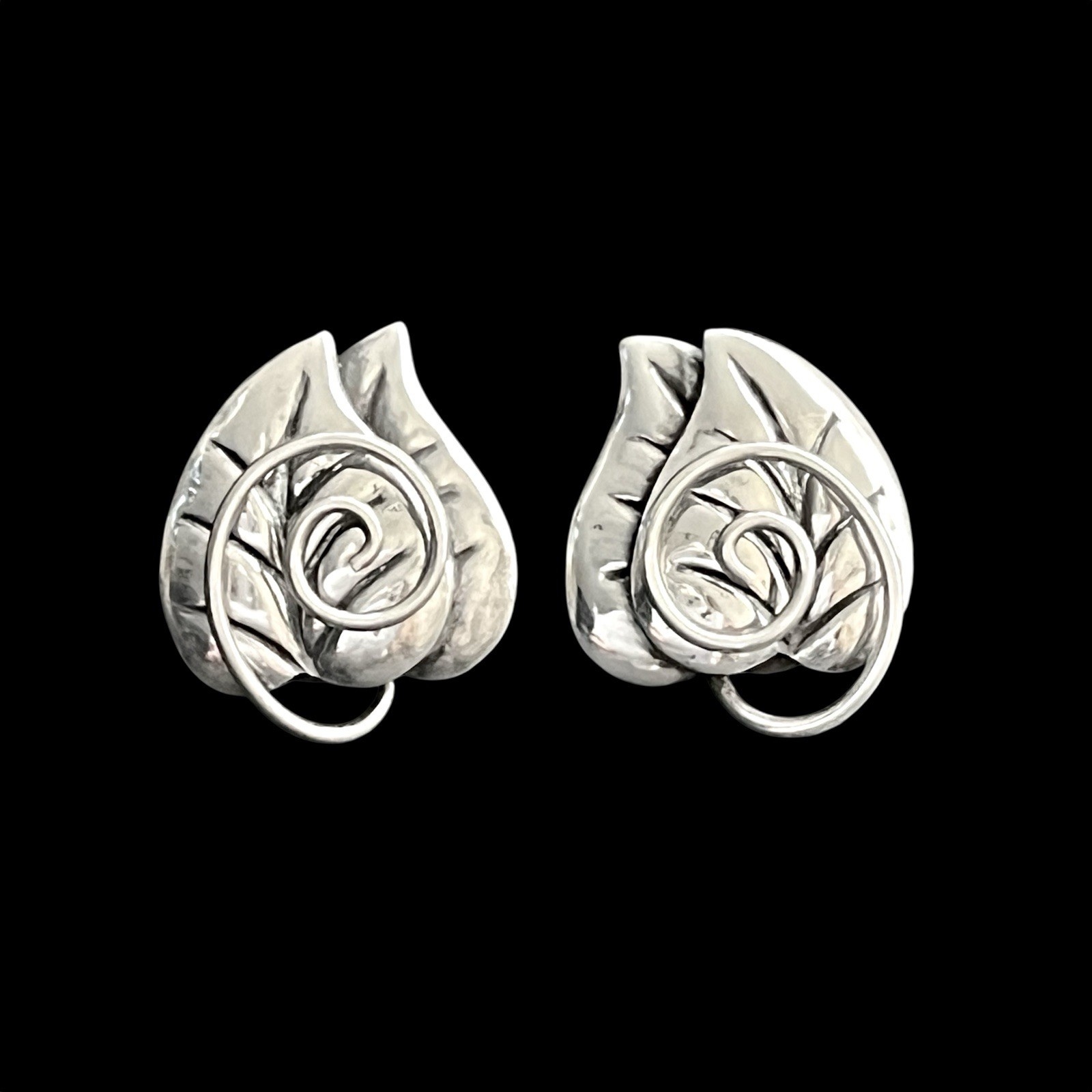Vintage Los Castillo Taxco Sterling Silver Leaf Swirl Screw Back Earrings