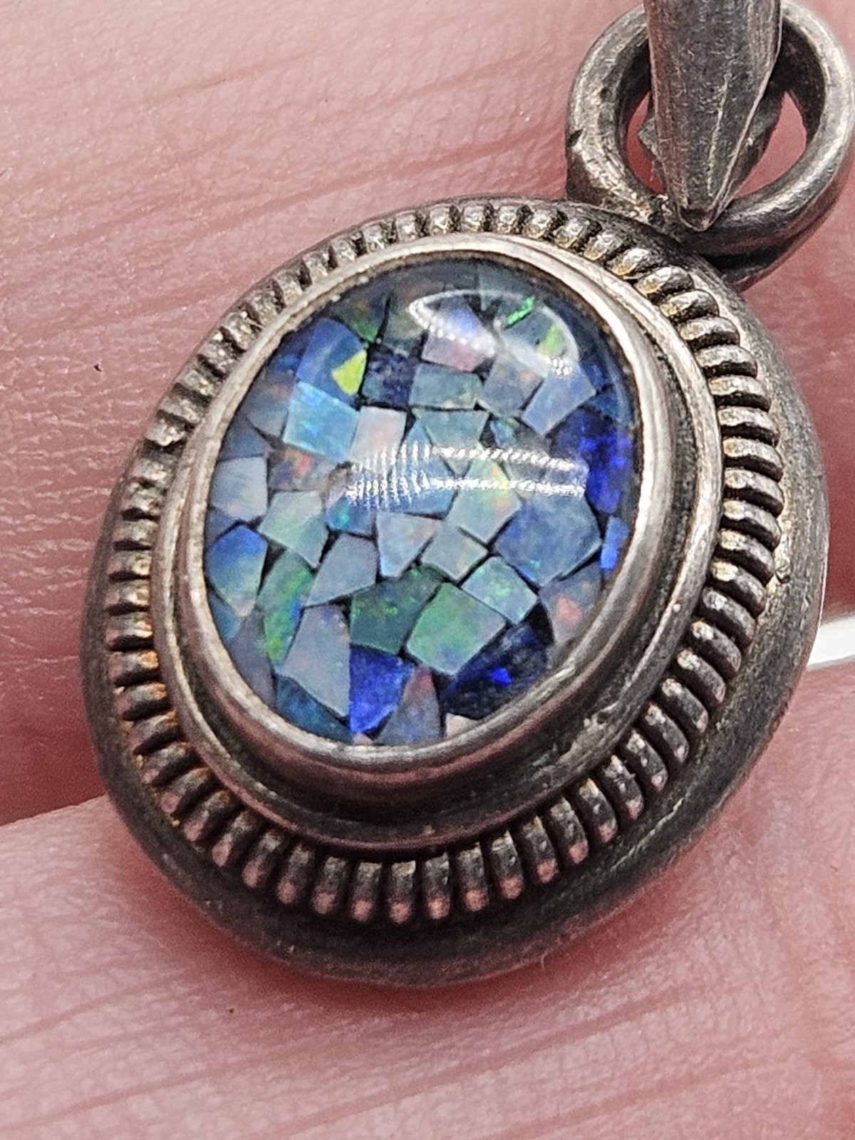 Vintage Sterling Silver Mosaic Opal Inlay Pendant