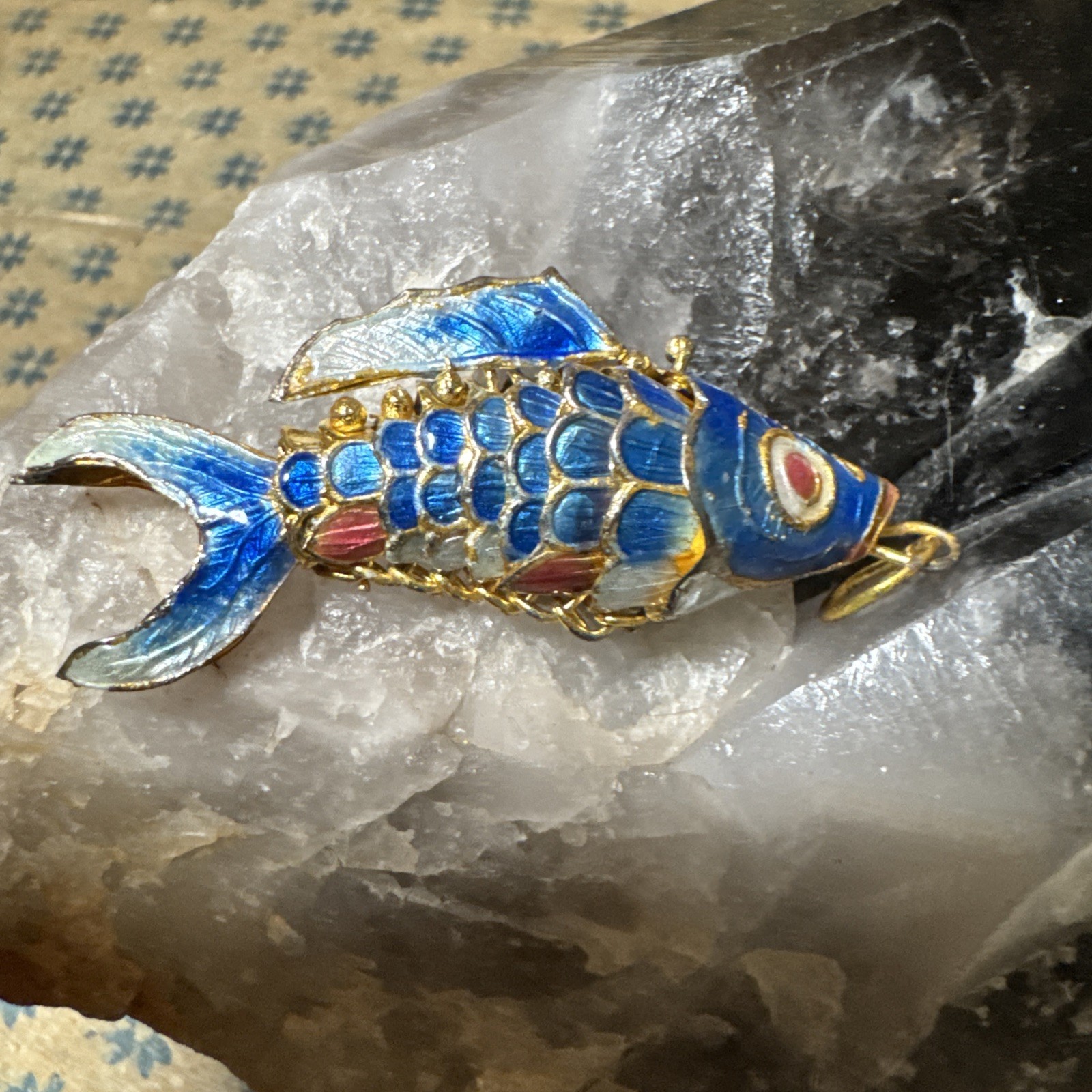 Vintage Koi Fish Cloisonne Blue White Pink Articulated Enamel Ornament Pendant