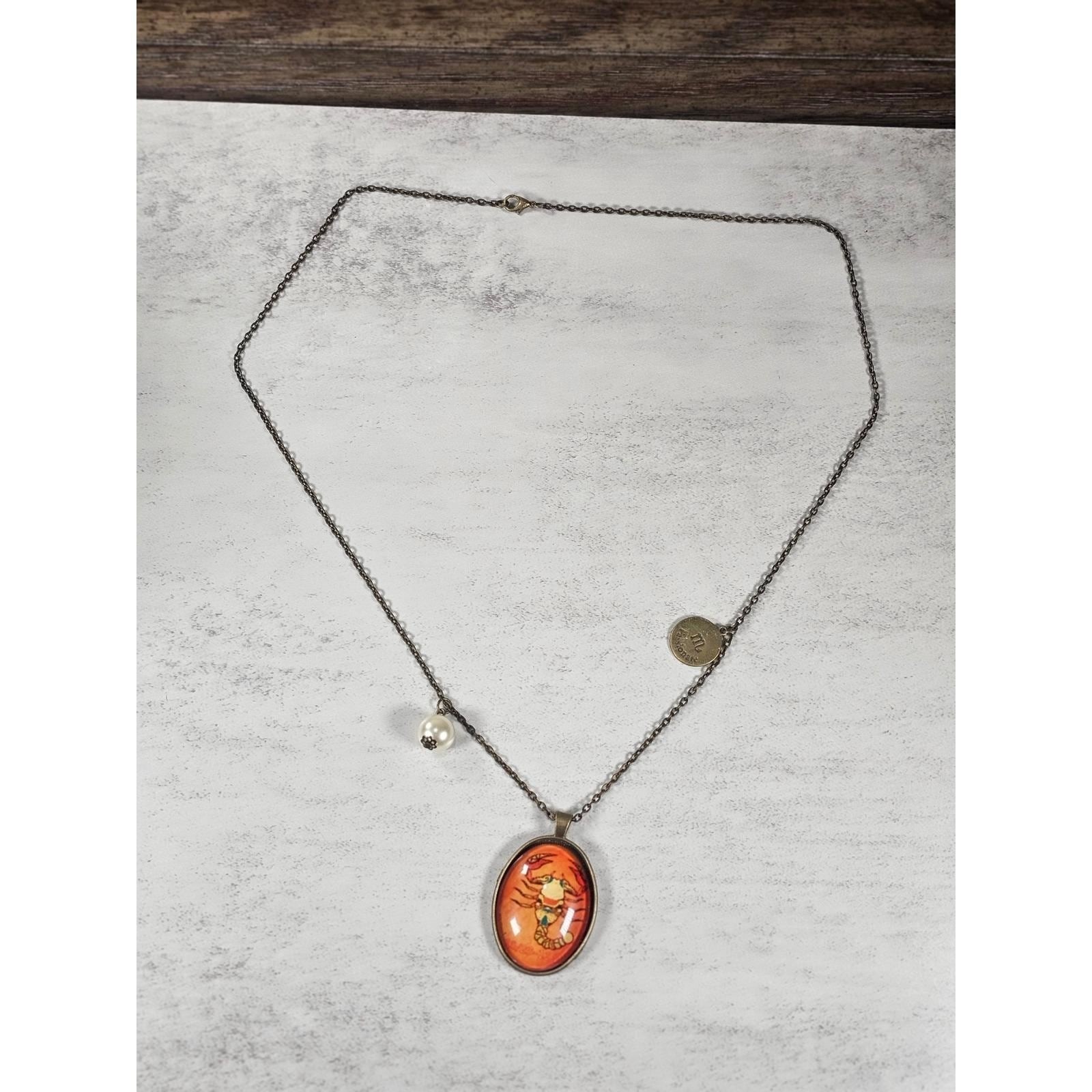 Vintage Scorpio Zodiac Necklace Orange Scorpion Cabochon Gold Tone
