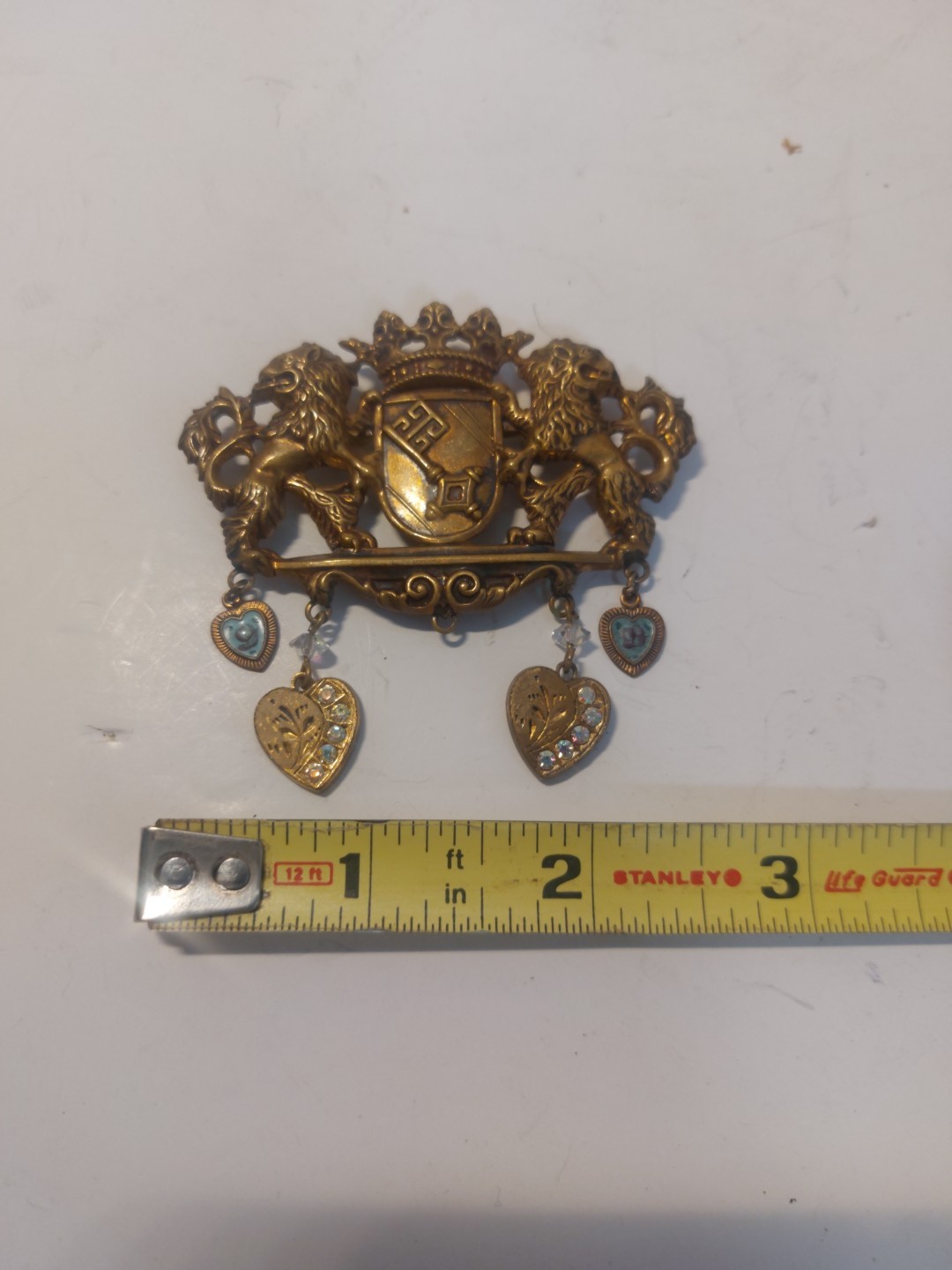 Vintage Unsigned Miriam Haskell Lions Crest Brooch, Missing Center Dangle Heart
