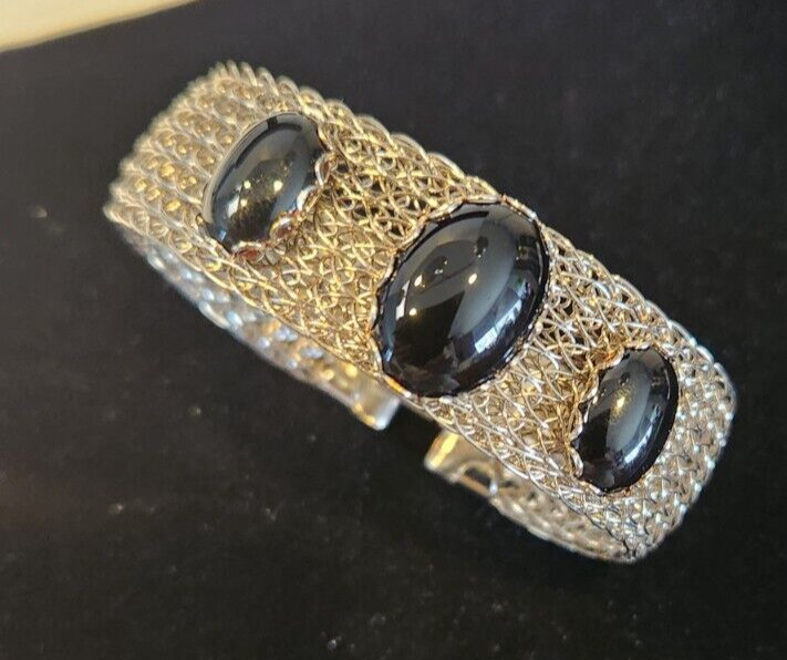 Vintage Silver Tone Mesh Cuff Bracelet with Black Onyx Cabochons 7 in.
