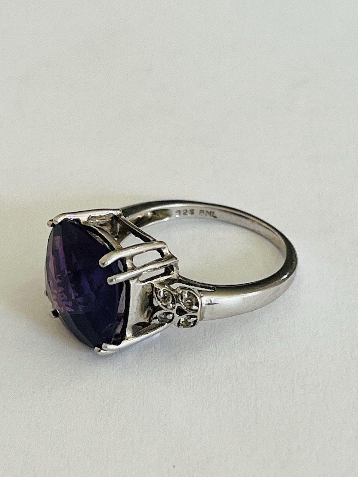 Designer BML Sterling Silver Cushion Cut Amethyst And White Topaz Ring Size 7