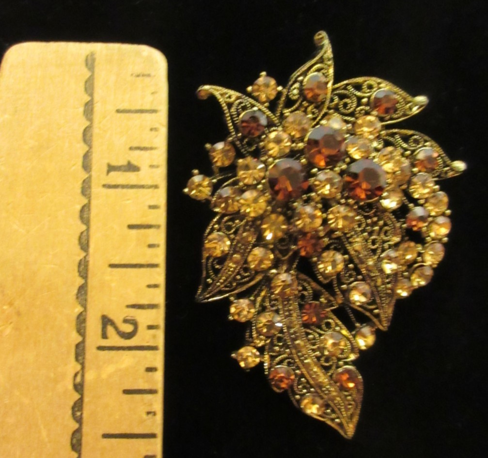 Vtg Gold Tone Cannetille Amber Orange Cream Rhinestone Brooch Pin Pendant