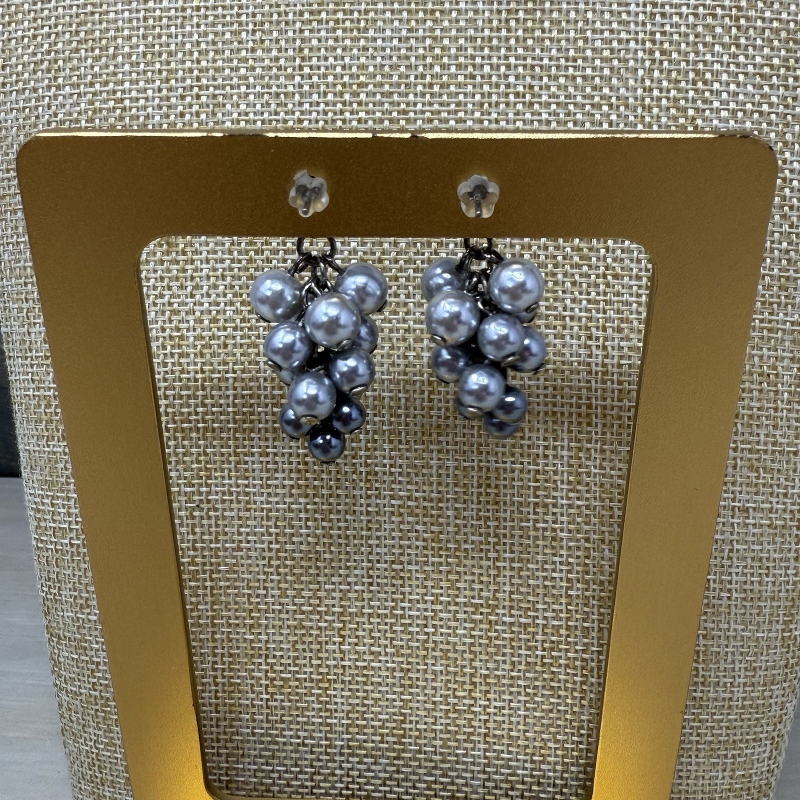 3 Strand Twisted Faux Gray Graduated Pearl Bead Necklace and Earring Set