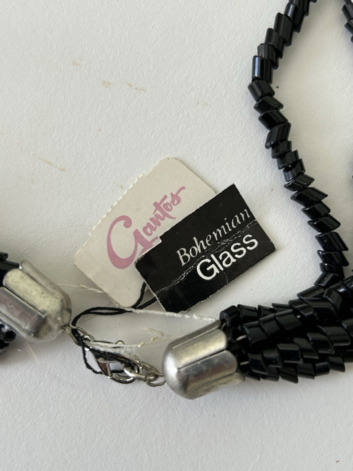 Vintage Black Glass Necklace Multi Five Strand Rhinestone Wrap Gantos Orig Tag