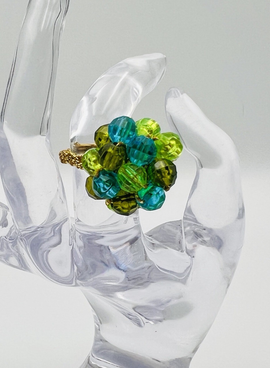 Vintage 1940’s Blue, Green & Gold Beaded Cluster Ring on Stretch Band