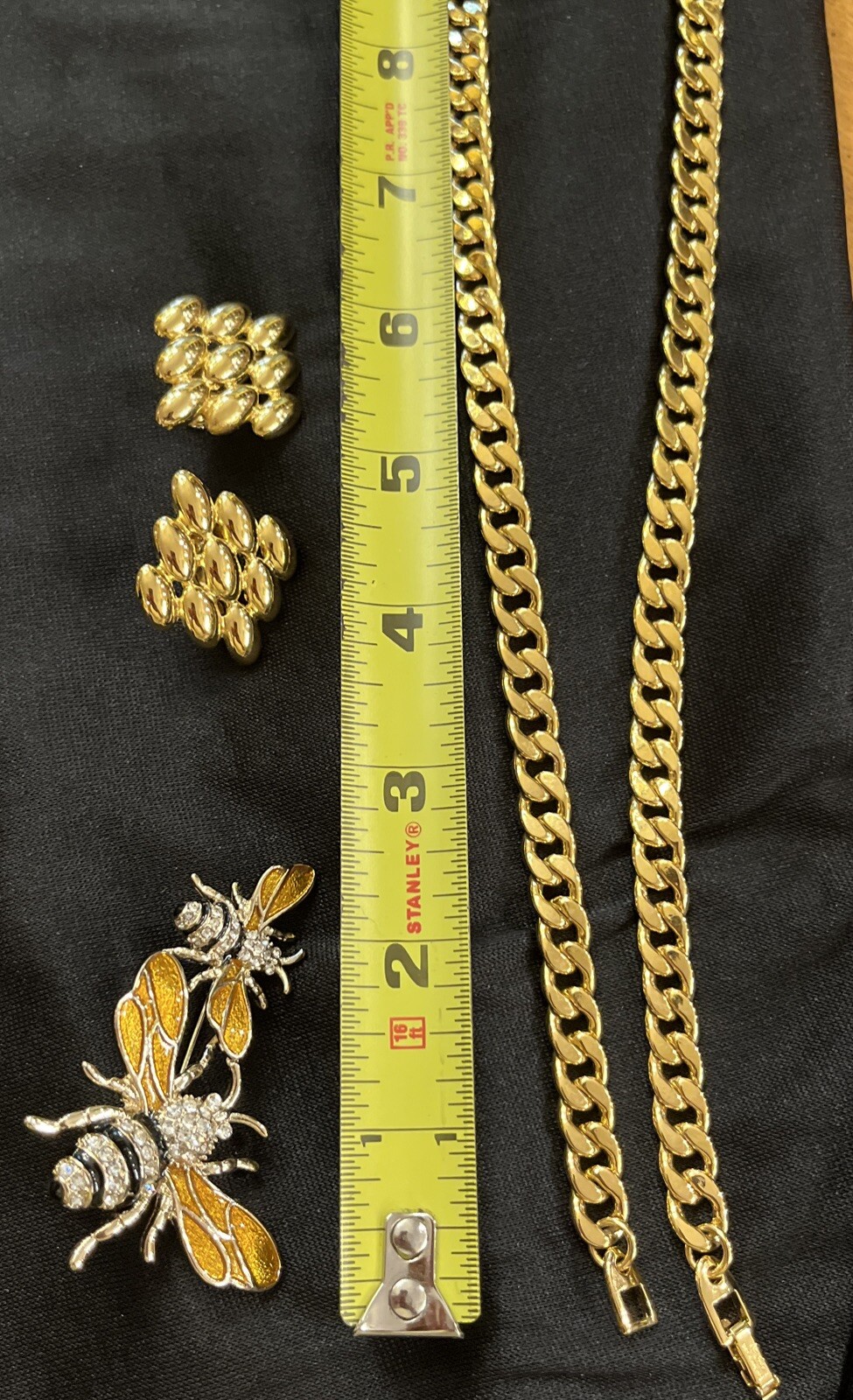 Vintage Napier Long Gold Tone Chain Double Bee Brooch & Clip On Earrings Set