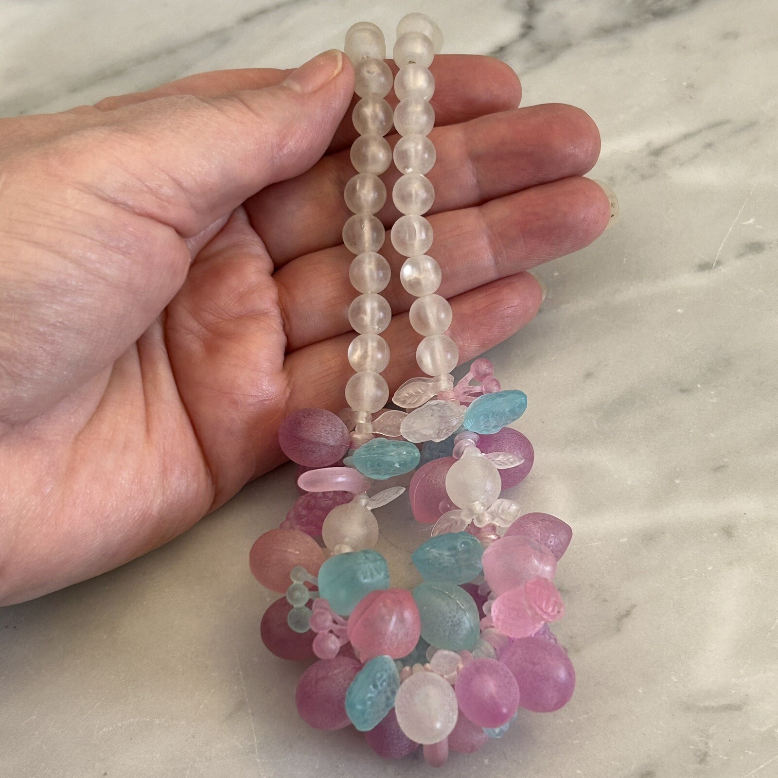 Vintage Frosted Lucite Fruit Salad Necklace Pastel Multicolor 50s/60s Kitsch 19″
