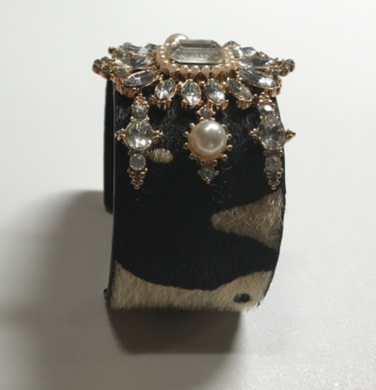 Vintage Cuff Bracelet Faux Fur Rhinestones Faux Pearls Statement Runway