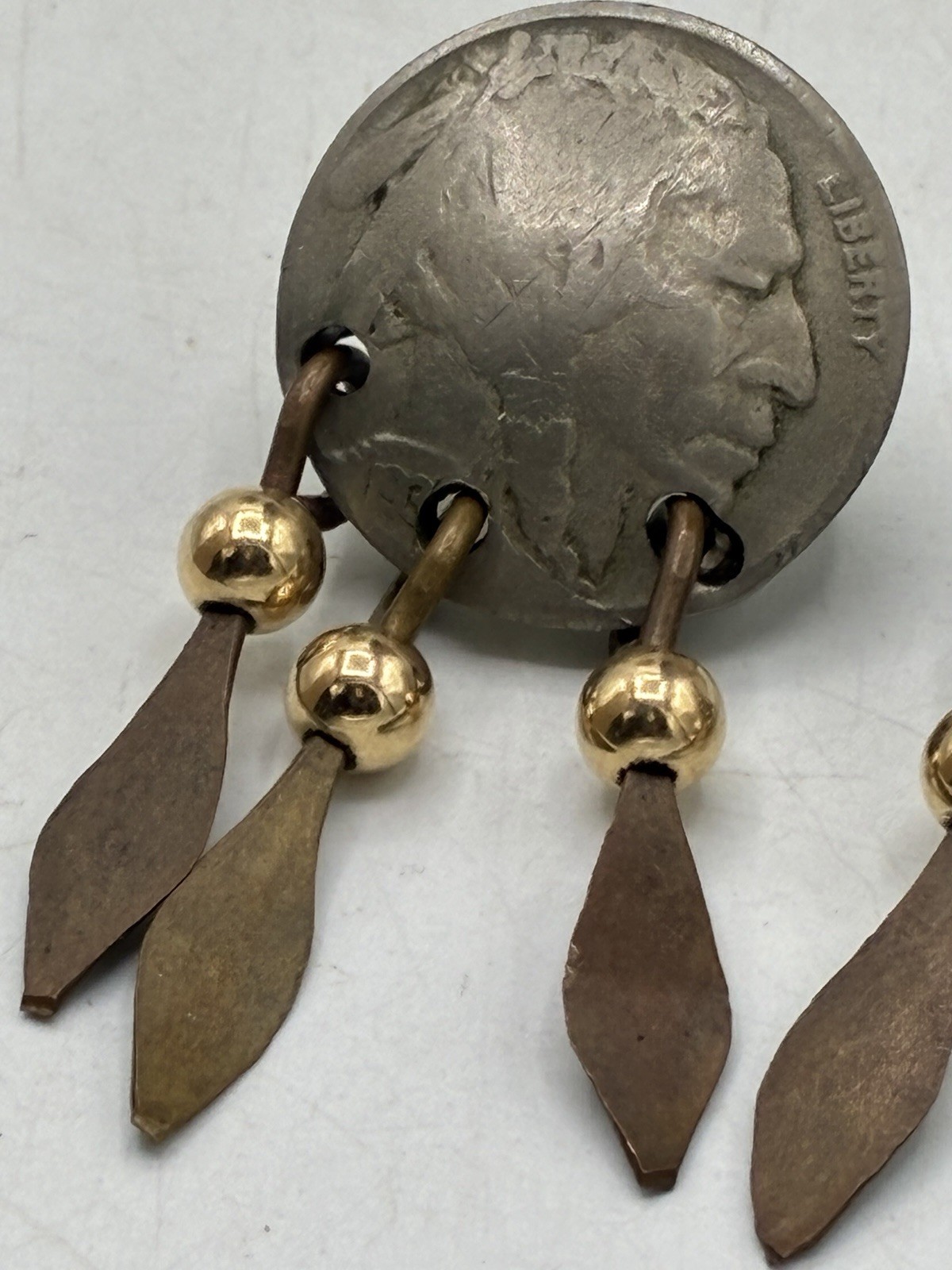 Vintage Buffalo Nickel Coin Earrings Post Dangle Feather Gold Tone Bead Handmade
