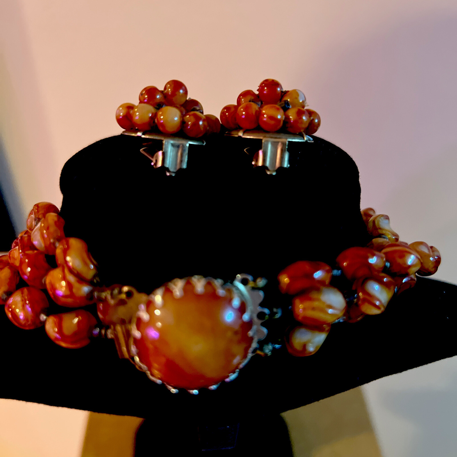 Vintage Made In Hong Kong Amber/Brown Multi Strand Necklace & Clip on Earrings