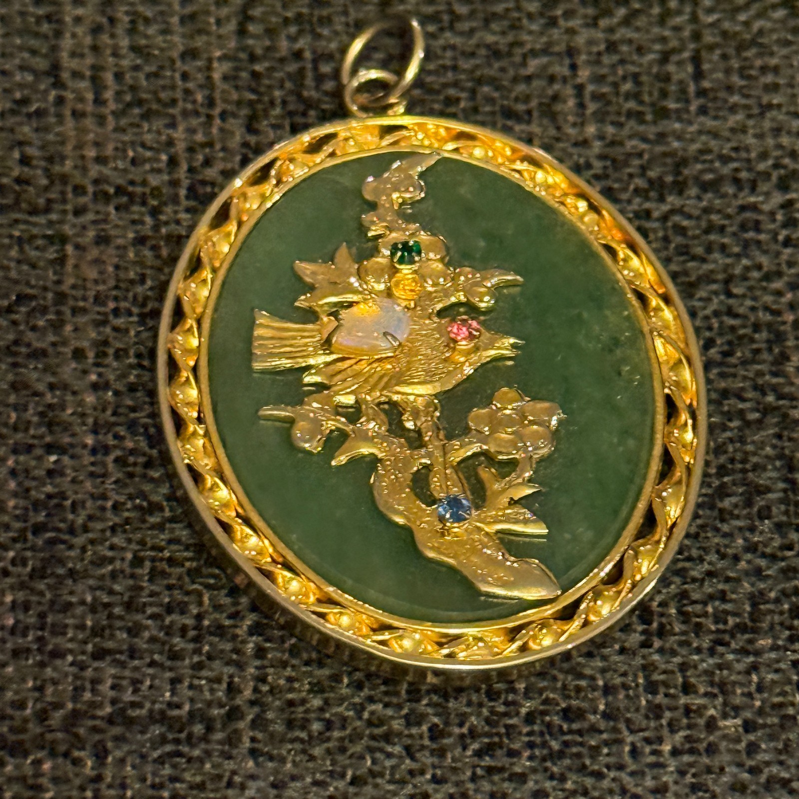 VTG Chinese Jade Pendant Opal Ruby Sapphire Emerald Bird Gold Tone Reversible Fu