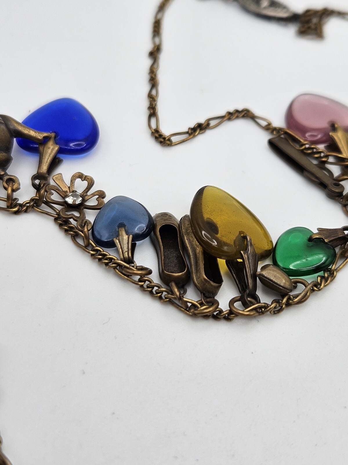 Glass Works Studio Brass Tone Multicolor Glass Dangle Hearts Charm Necklace