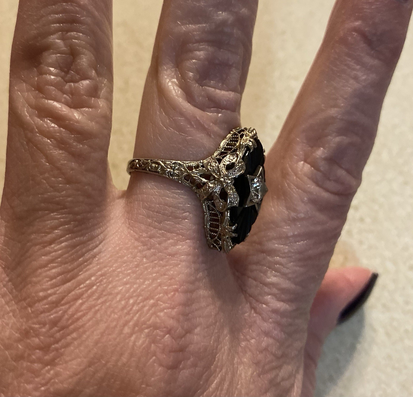 Vintage 14 kt White Gold Onyx Diamond Ring STUNNING!