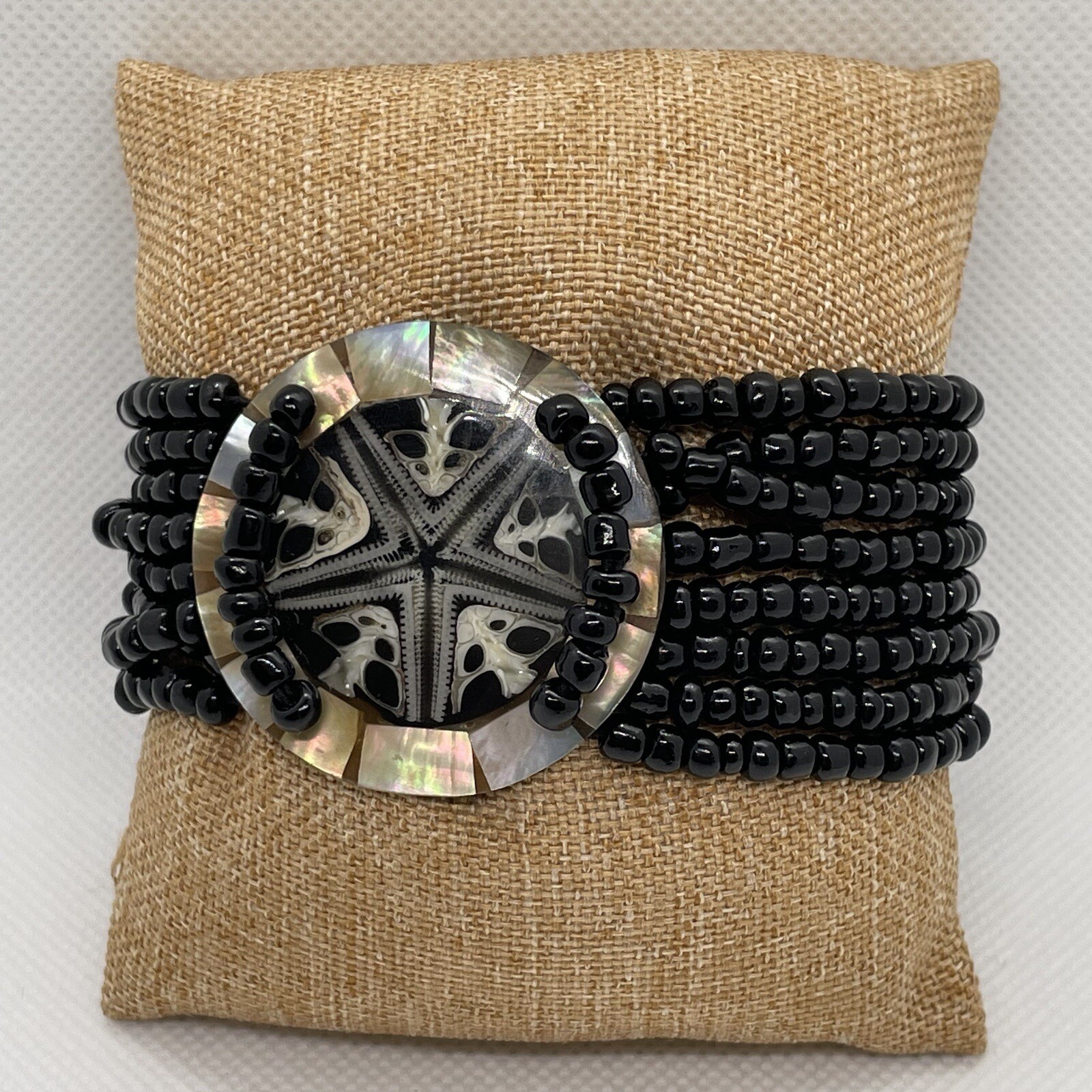 Starfish Stretch Cuff Bracelet MOP Mother Of Pearl And Black Seed Bead
