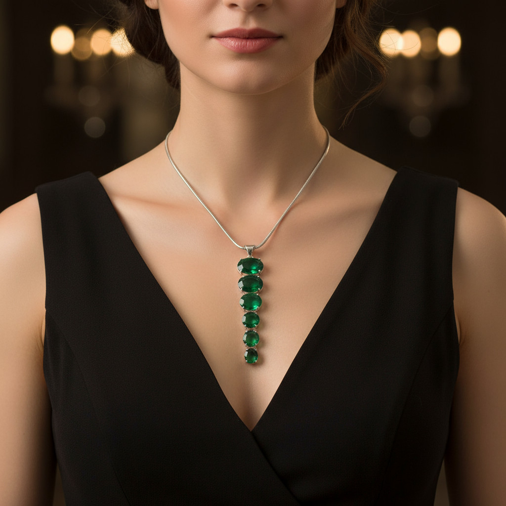 Emerald Sterling Silver Pendant Necklace: Colombian Oval Gemstone, May Birthston
