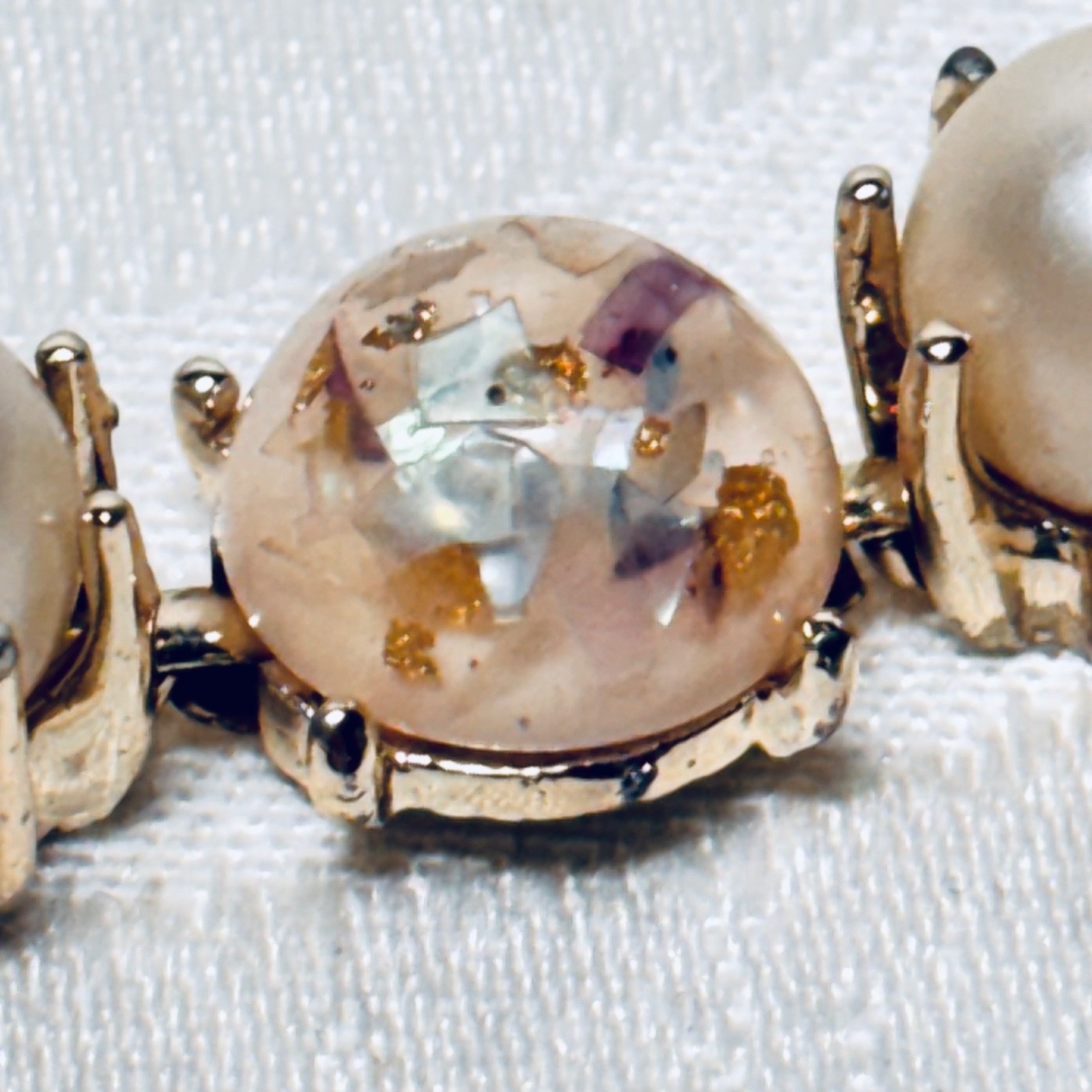 CORO pink confetti Lucite cabochon faux pearl bracelet fold over clasp vintage