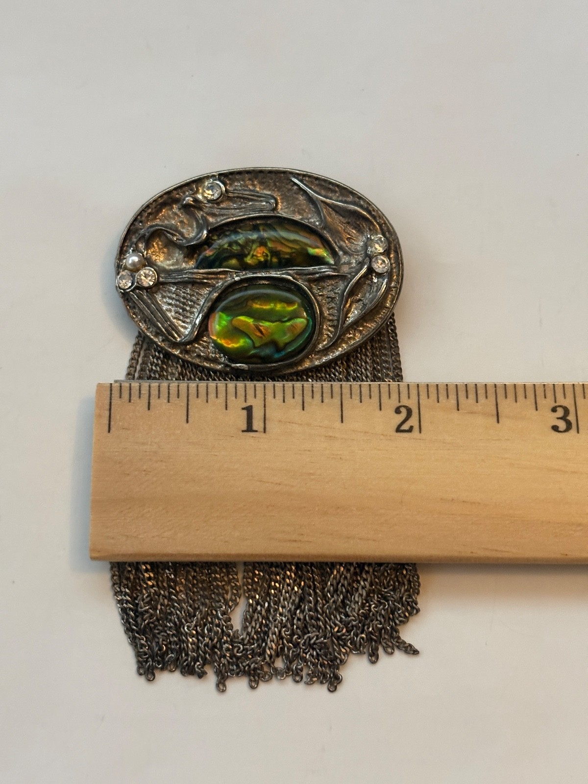 Vintage Unsigned Abalone SilverTone Fringe Chain Brutalist Statement Brooch