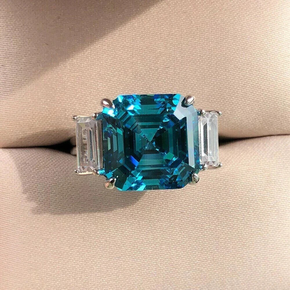 Asscher Lab-Created Blue Topaz Stunning Wedding Ring In 14K White Gold Plated