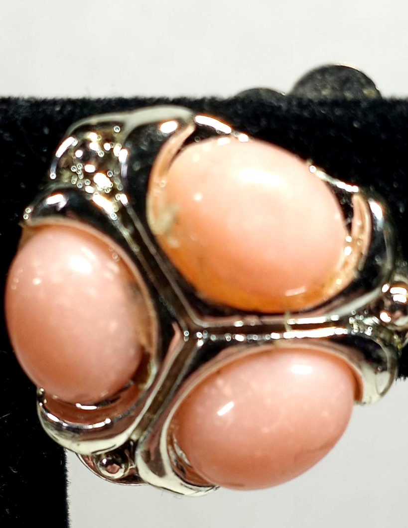 Vintage Silver Color and Salmon Pink Bead Clip on Earrings