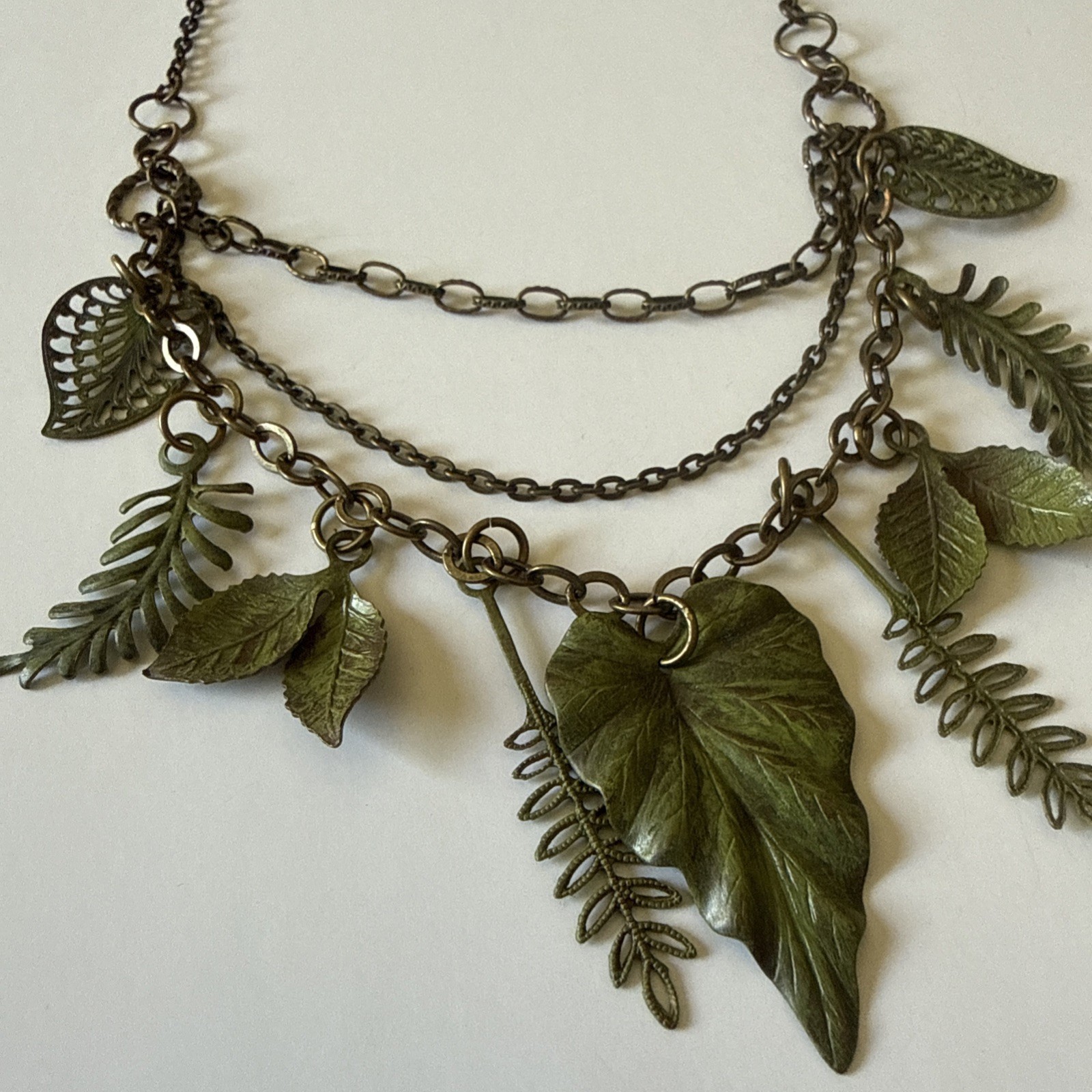 Lot Of 3 Vintage Sexy Nature Leaf Statement Metal Necklaces Gold Green & Black