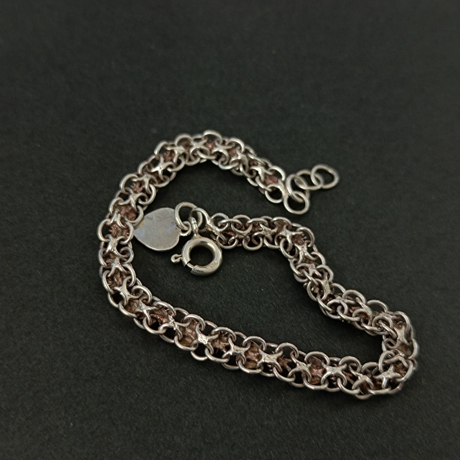 Vintage Silver Bracelet Ethnic Hearts Flowers Dainty Granulated Link Sterling