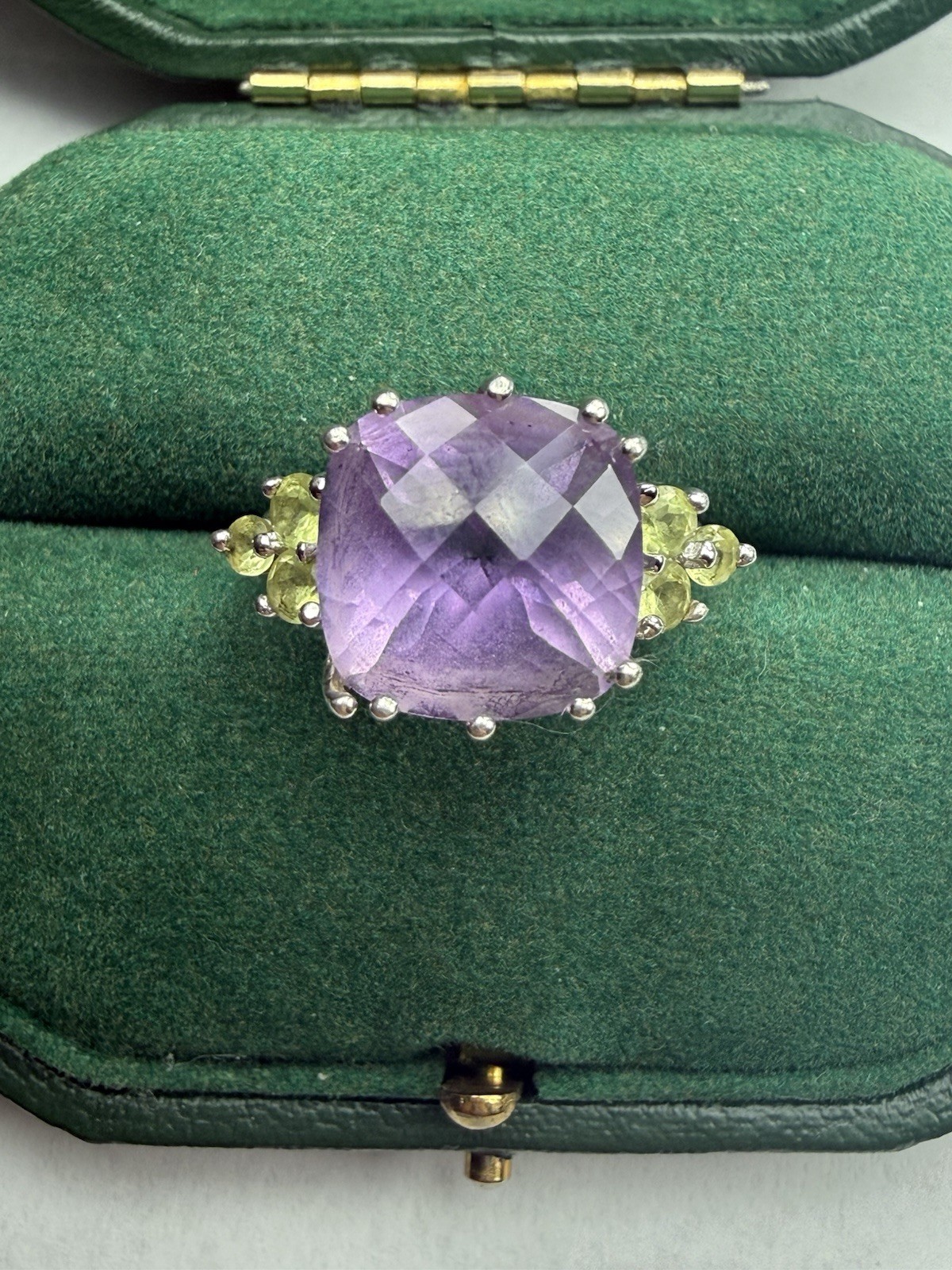 Vintage Sterling Silver Cushion Cut Amethyst & Peridot Cocktail Ring Size 6 – 6g