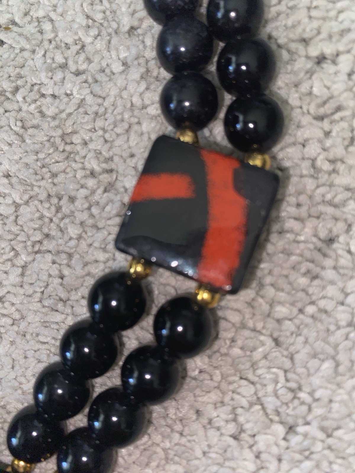 VTG Japan Beaded Statement Necklace Red Black Ceramic Pendant