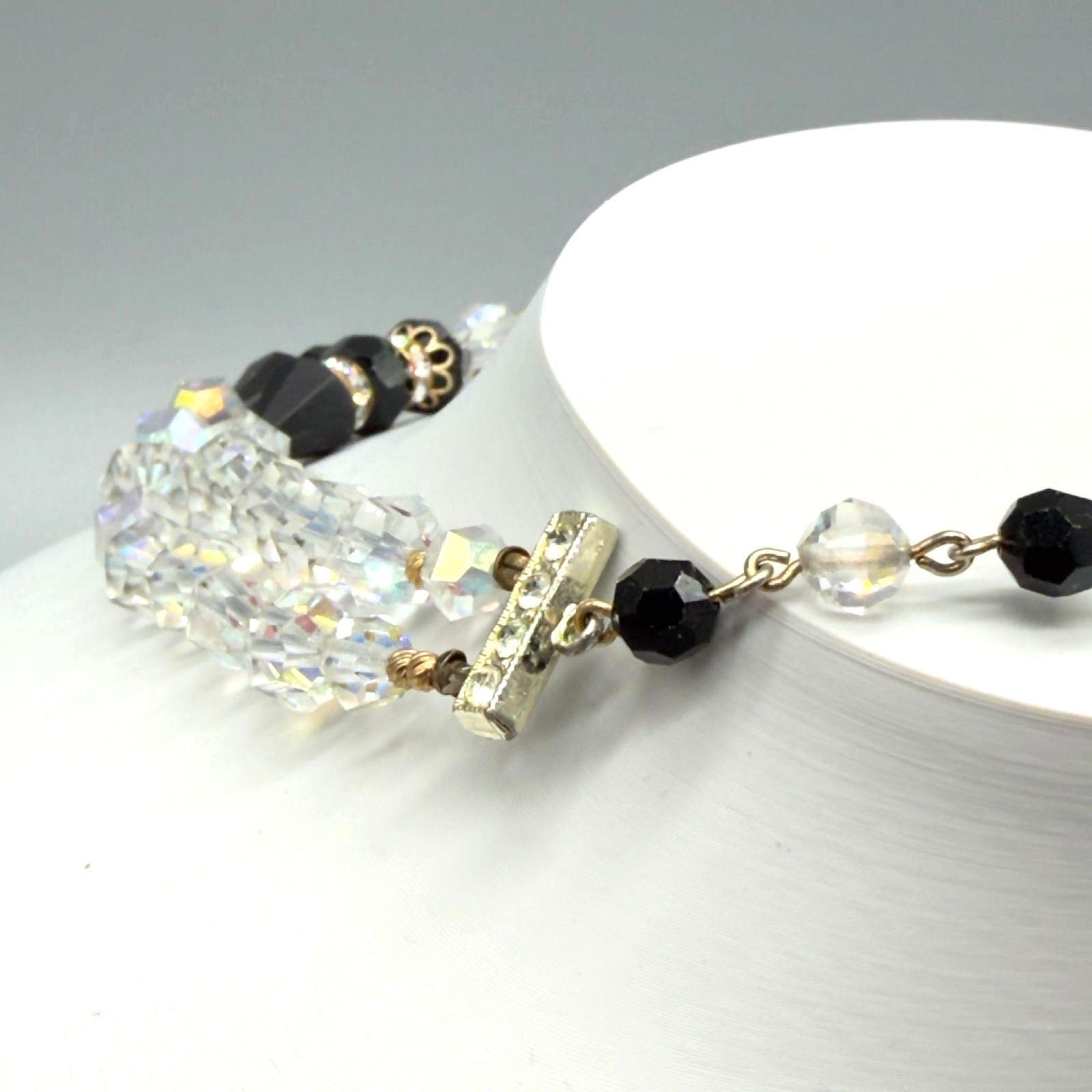 Vintage Black Clear Crystal Beaded Necklace Rhinestone Clasp 15″