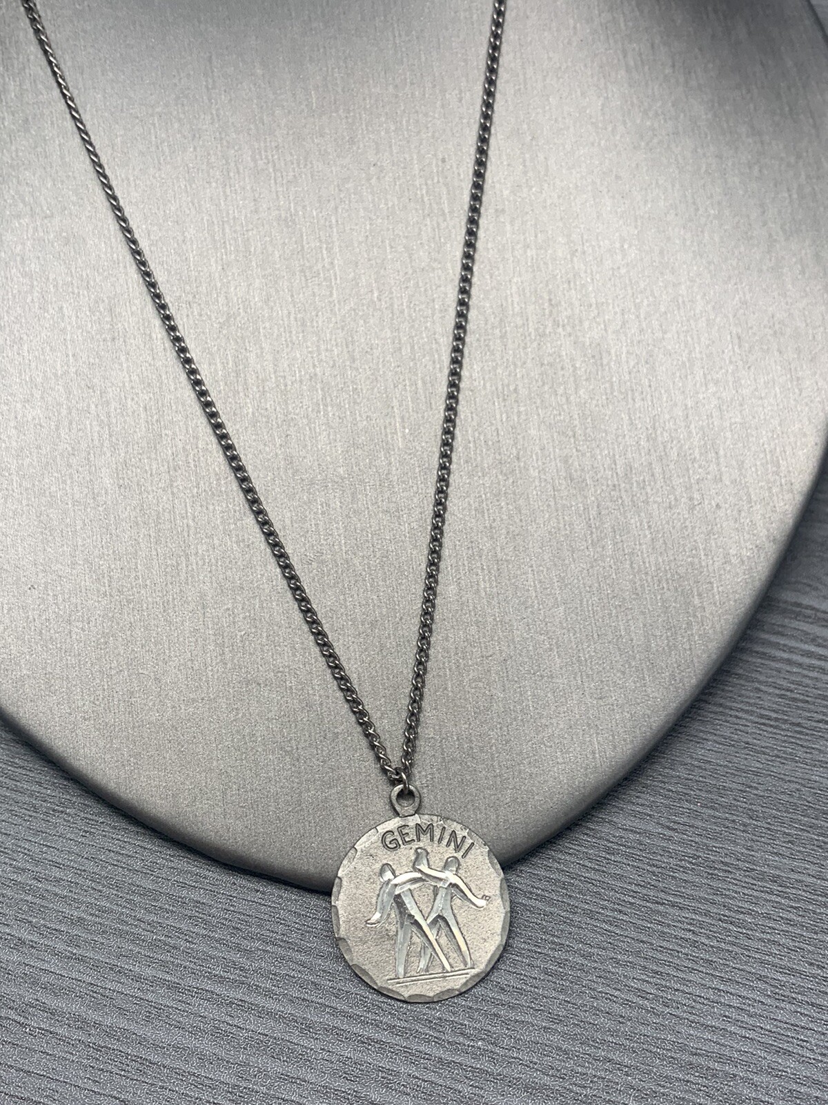 Vintage Pewter BDA Zodiac astrology Gemini Horoscope Pendant Necklace 18”