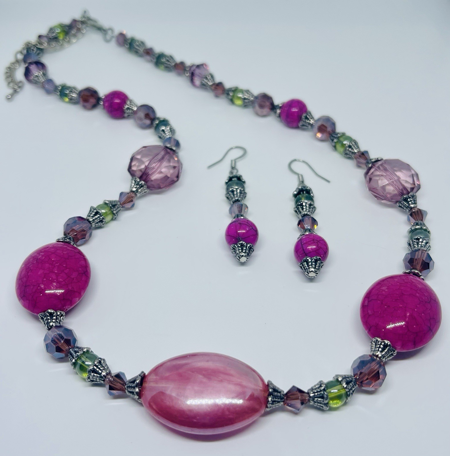 Vintage 80’s Pink And Green Glass And Crystal Bead Necklace & Earrings Set 20”