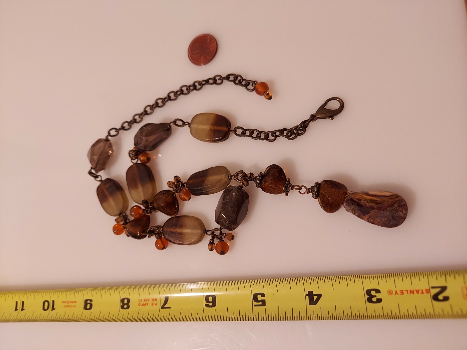 lozenge bead & natural polished stone necklace strand adj. 15″-18″ brown colors