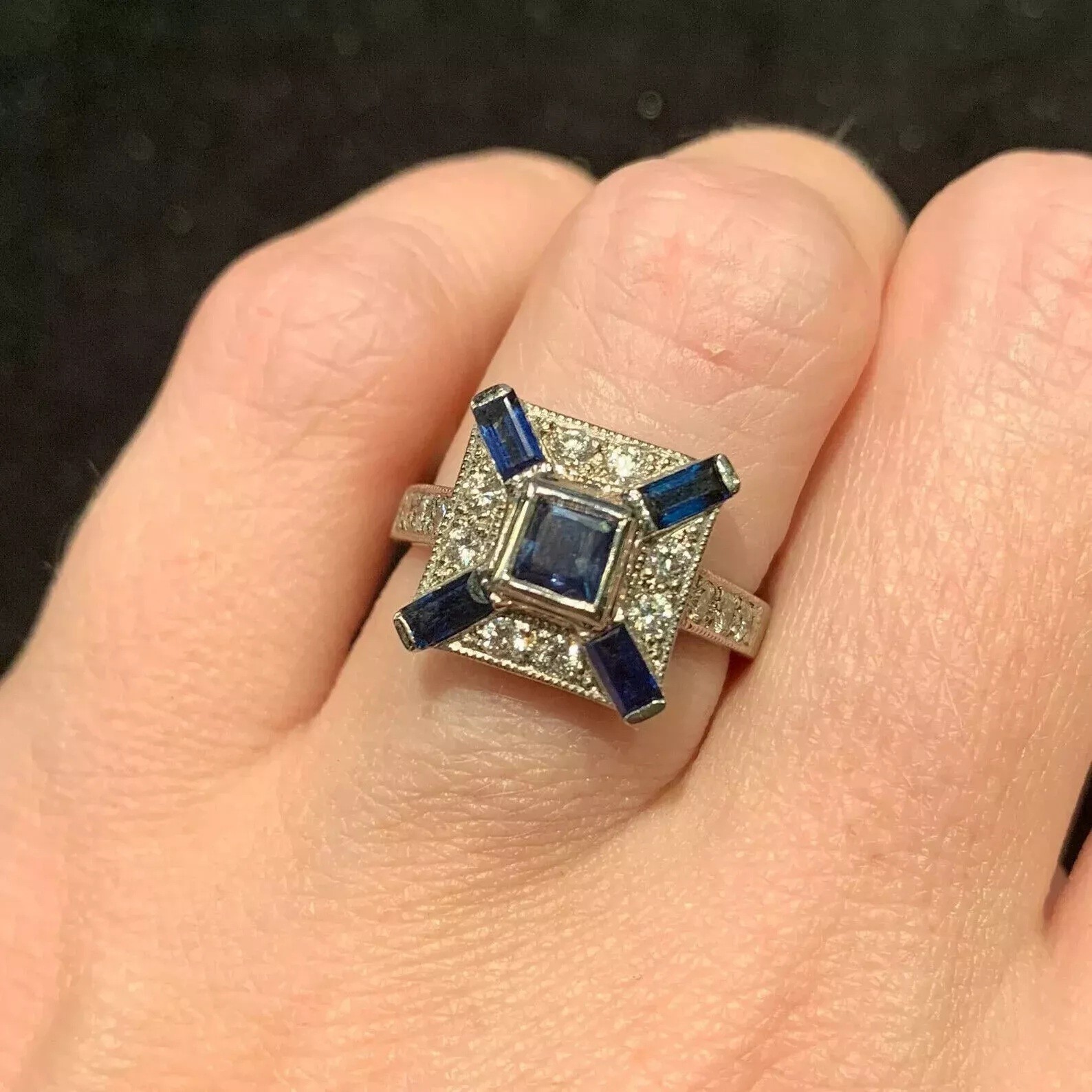 1.24Ctw Blue & White Stones Bezel Set Engagement Wedding Retro Reproduction Ring