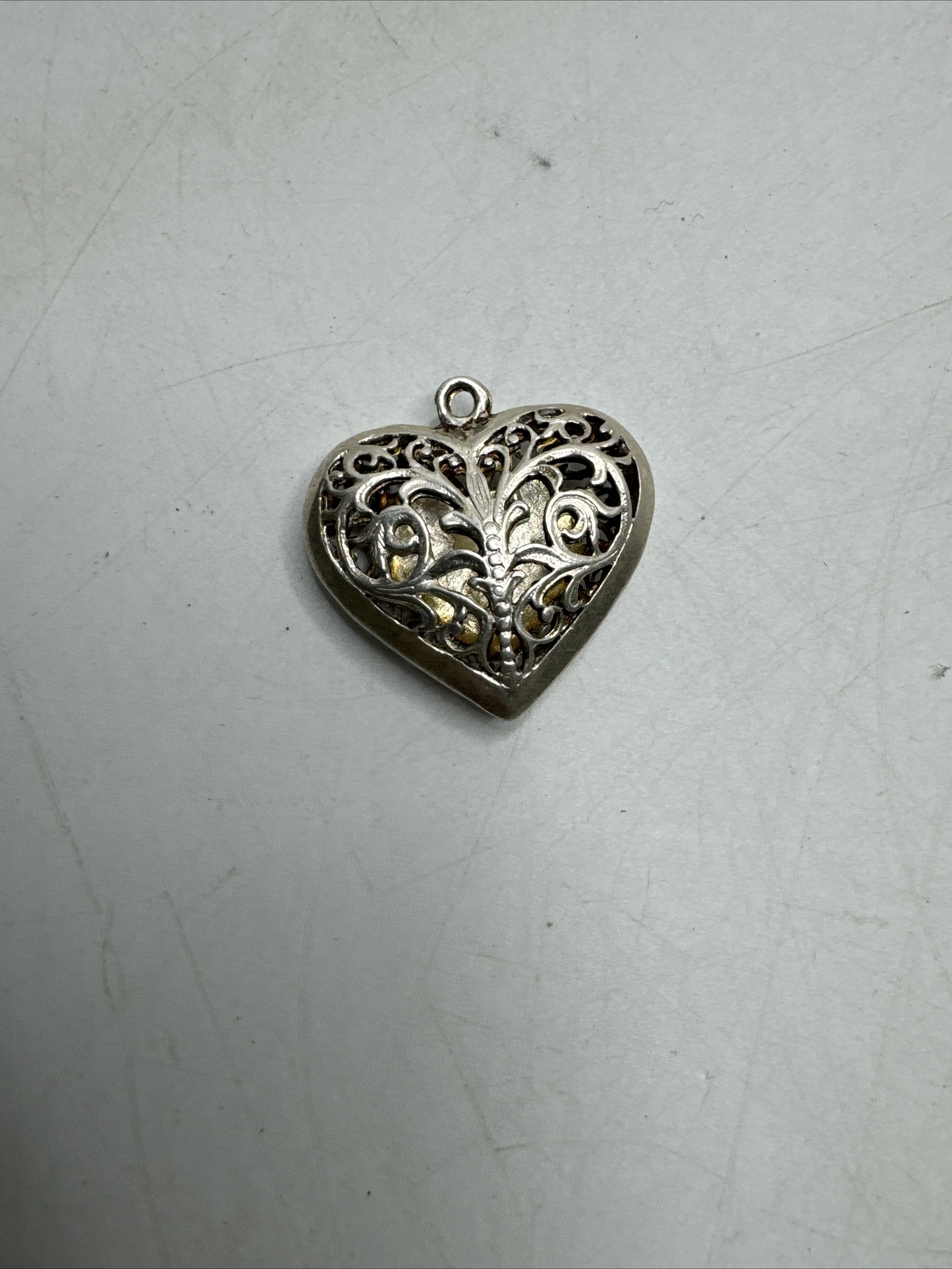 Vintage Sterling Heart Pendant Puffy Heart Filigree Pierced Carved 1” About 6g