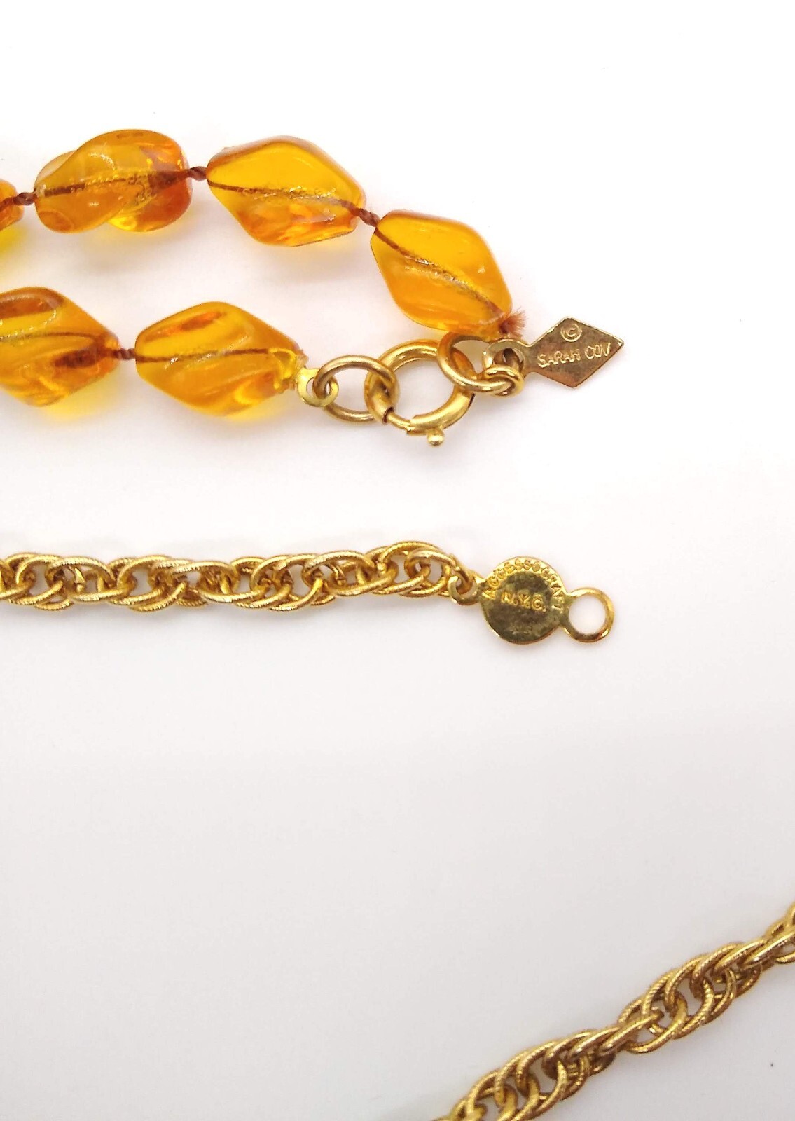 Amber Honey Topaz Color Beads Necklaces Lot of 6 Gold Tone Tassel Filigree Vinta