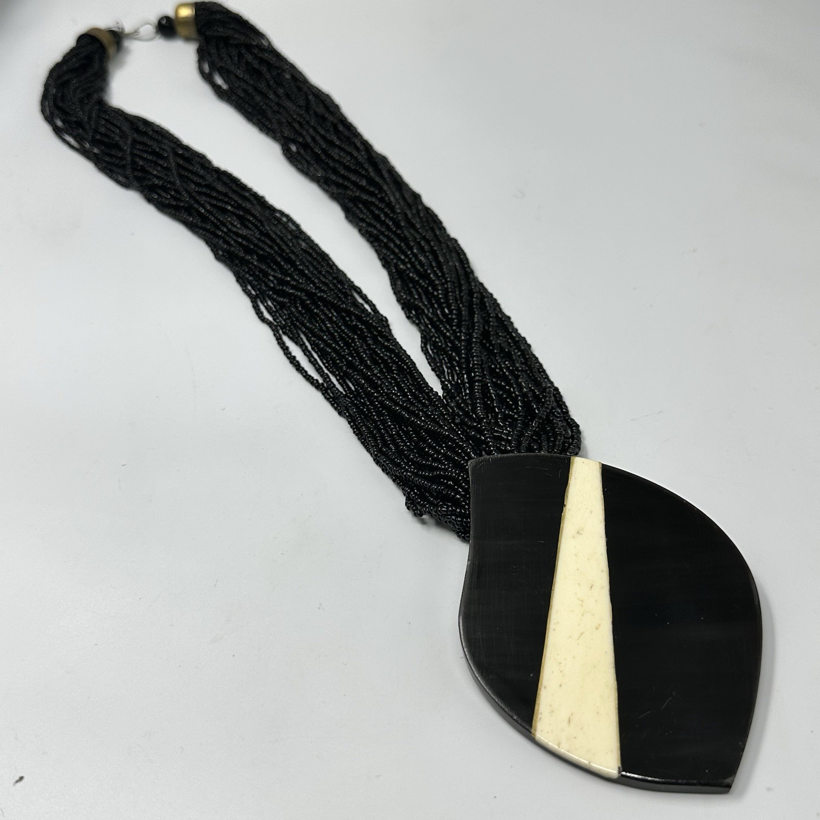 Vintage Black Multi Strand Beaded Statement Necklace Resin Pendant Tribal Collar