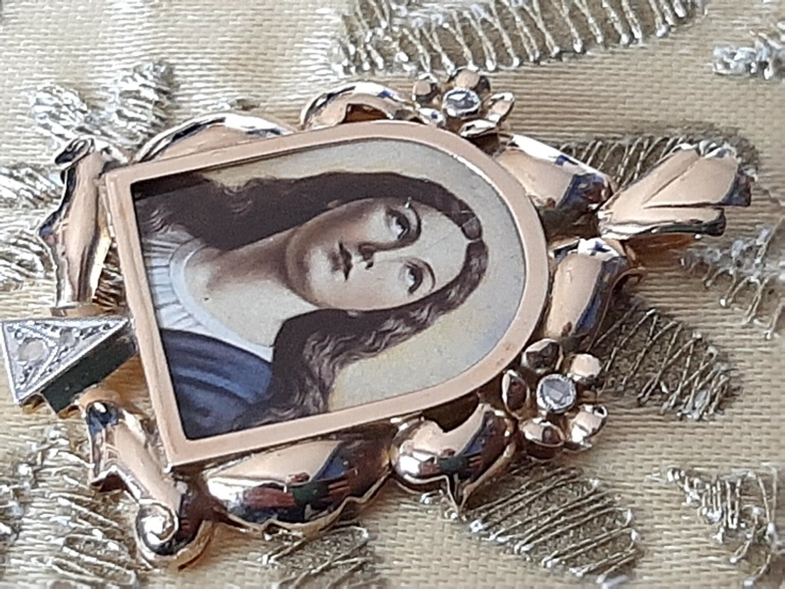 Fine Antique Art Deco 18K 18CT Gold Diamonds Virgen Mary Medal Pendant Ca 1930