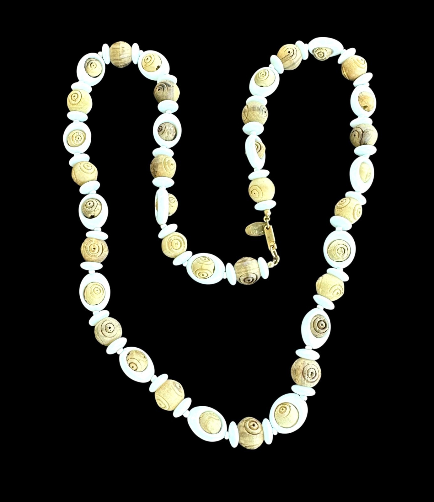 Vintage Miriam Haskell White Lucite and Carved Wood Beaded Necklace