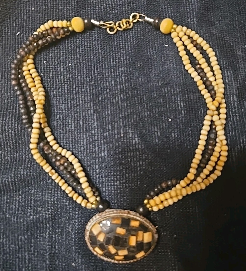Vintage Beaded Medalion Necklace With Matching Bangle And Earrings