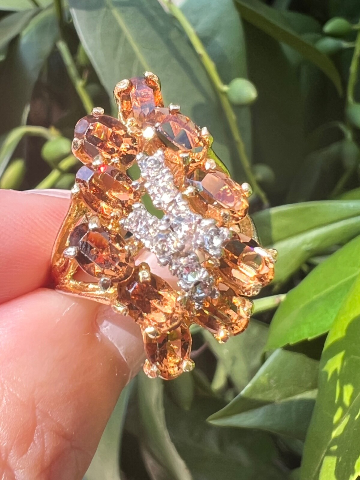 VINTAGE LARGE FAUX CITRINE GLASS CZ CUBIC ZIRCONIA COCKTAIL DRESS RING STATEMENT